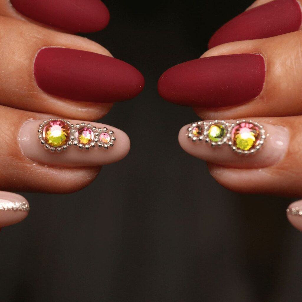 Bullions and crystals on nail enhancements