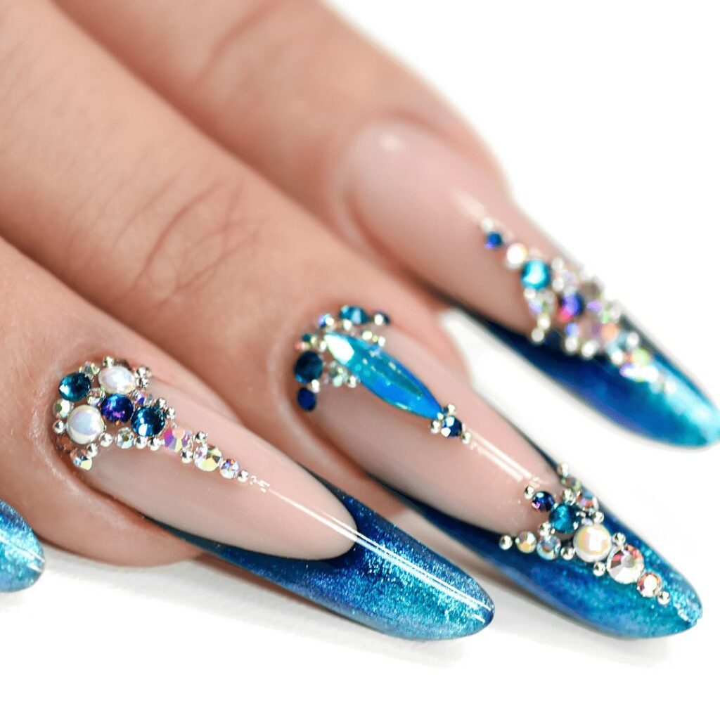 Bullions, crystals and pearls on nail enhancements