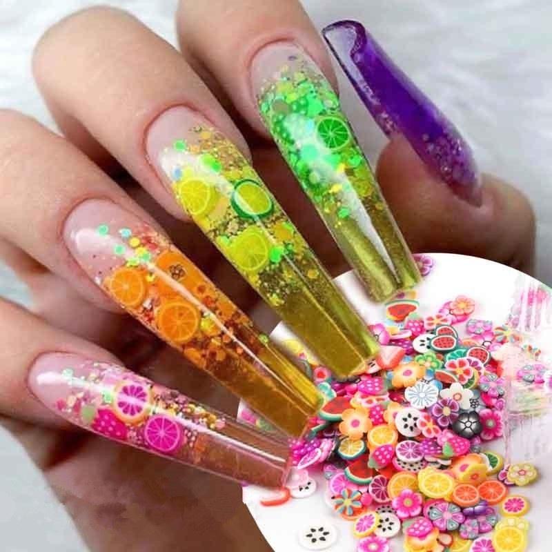 Polymer clay slices encapsulated in UV gel enhancements