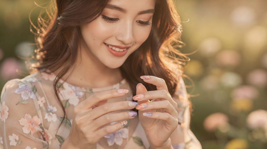 A beautiful young woman gazing at her soft blooming gel nails with wonder, dramatic summer light, dreamy pastel colours