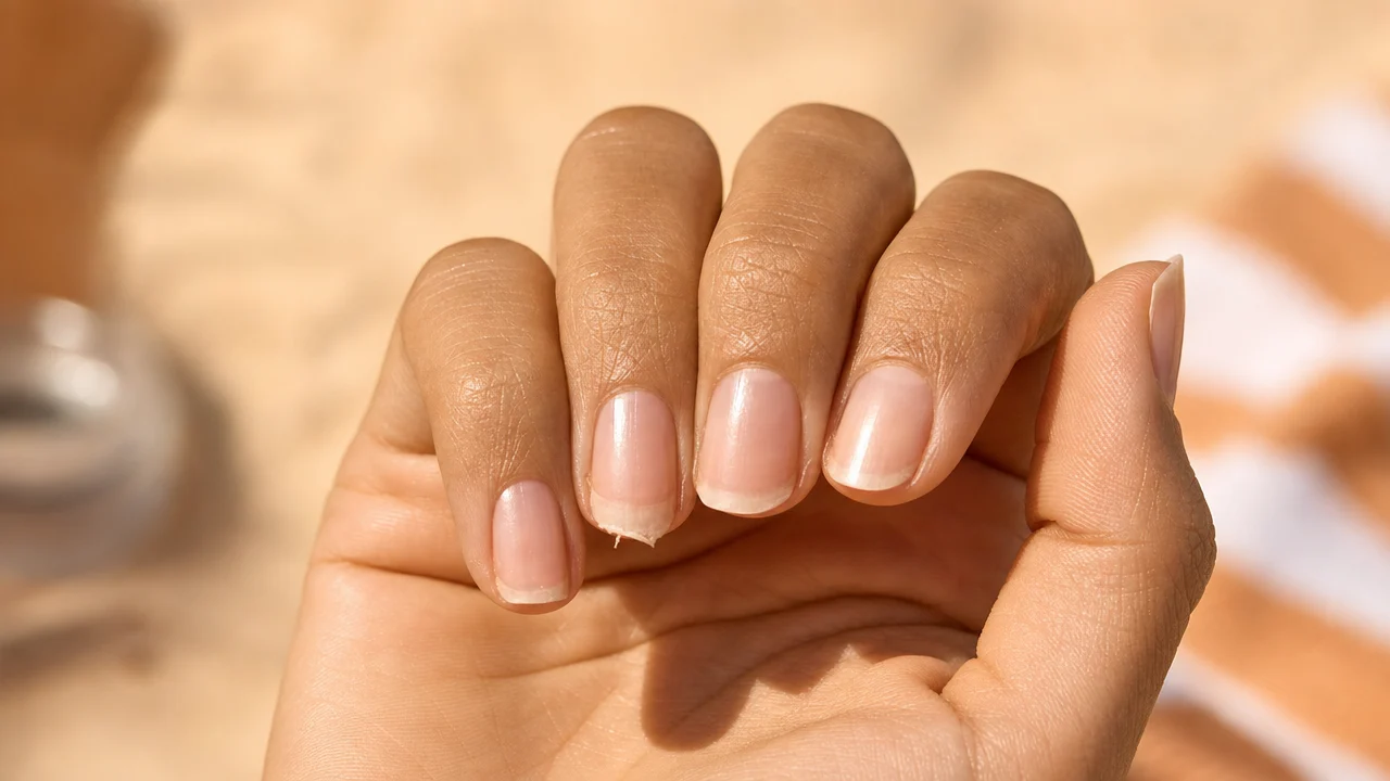 Close-up of a woman's hand in summer heat with dry cuticles and slightly peeling nail edges, warm golden light, editorial beauty photography