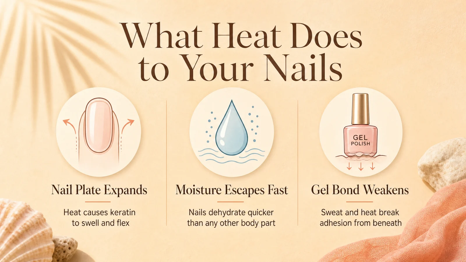 Infographic showing three ways hot weather affects nails: nail plate expansion, dehydration, and gel adhesion breakdown