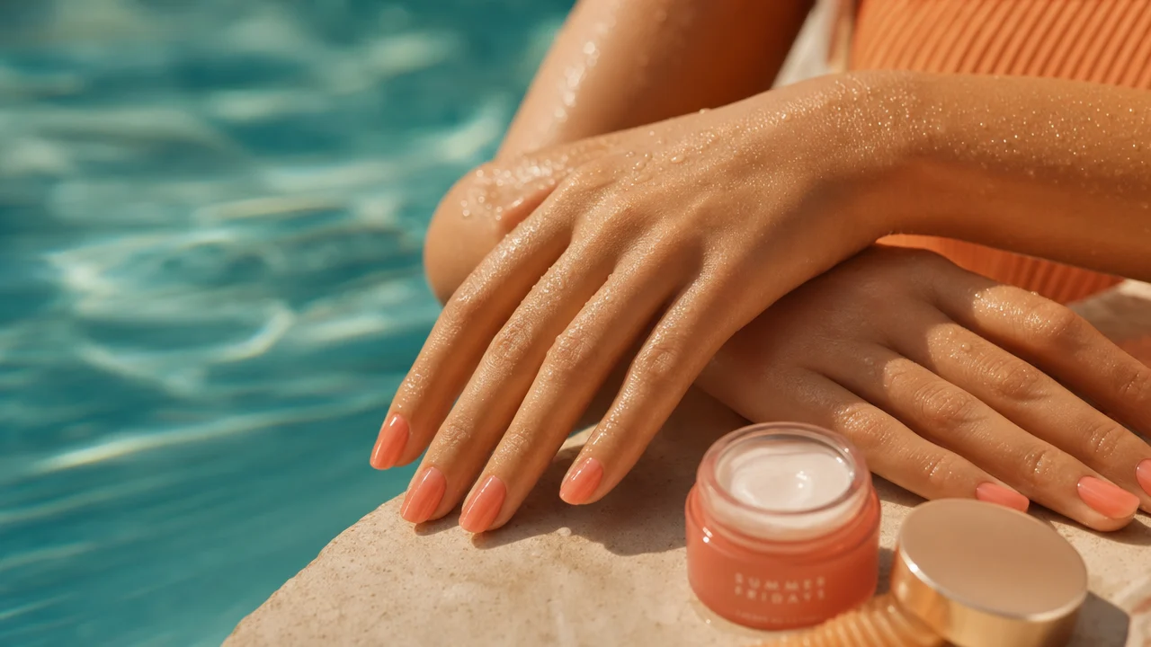 A woman's hands with sheer jelly gel nails resting by a sun-lit swimming pool in summer, water droplets visible, vibrant summer mood