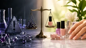 Concept image illustrating the balance between chemistry and nail product safety, with nail polish, laboratory glassware, molecular models and a manicured hand representing evidence-based cosmetic science.