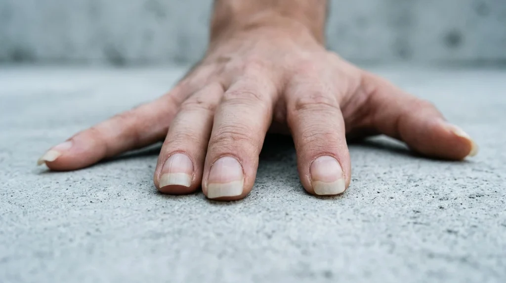 Natural fingernails on a dominant hand showing healthy nail growth and length