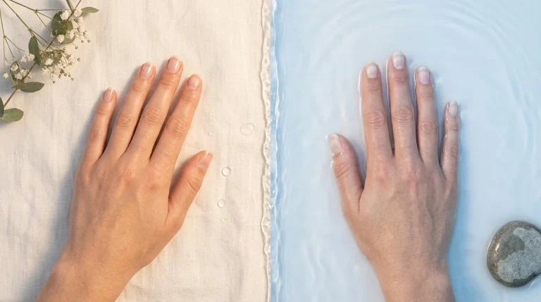 Comparison of dry and water-soaked fingernails, showing how prolonged exposure to water can temporarily soften the nail plate.